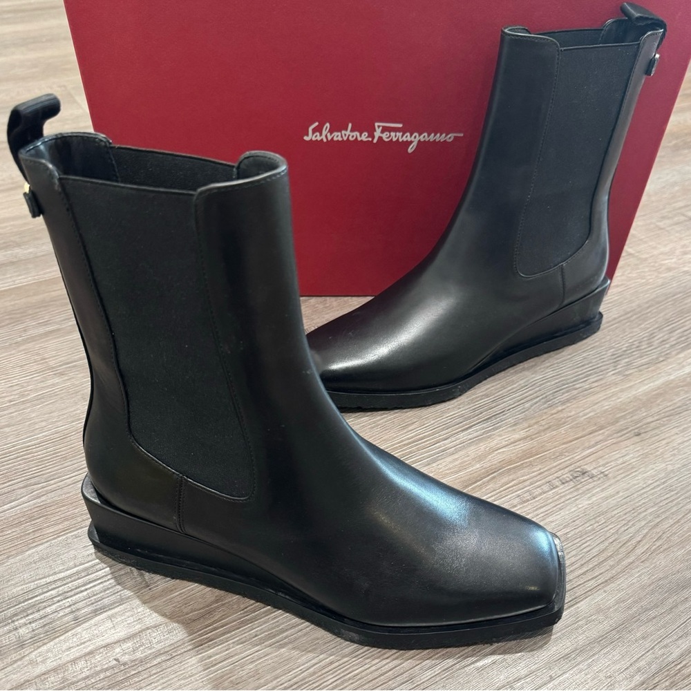 Salvatore Ferragamo Wyatt Nero Black Leather Chelsea Wedge Boots